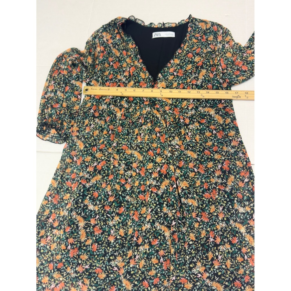 Zara Floral Mini Dress Womens M Black Multicolor V-Neck Chiffon Cottagecore Boho - Picture 6 of 9